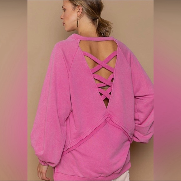 POL Hot Pink Crisscross Back Sweatshirt | Open Back | Slouchy Oversized Fit - Picture 4 of 5